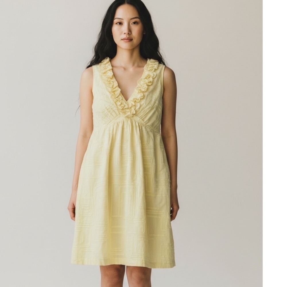 Tiana B Yellow Ruffled V-Neck Geometric Textured Empire Waist Dress 6P